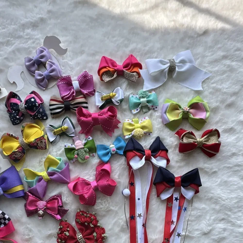 Girls Lot of Minnie Mouse Grosgrain Ribbon Hair Clip Bows Glitter Rhinestone